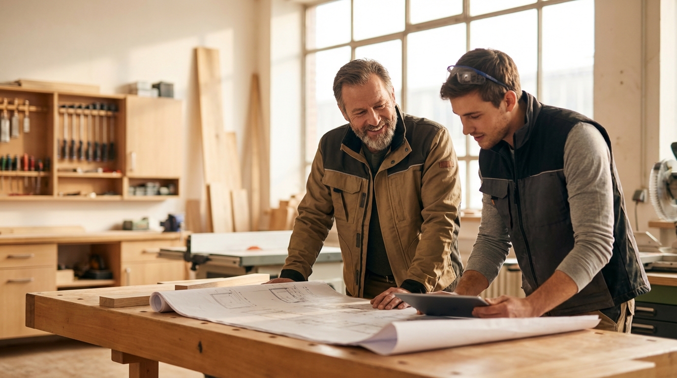 Handwerksunternehmer und Bauleiter besprechen Pläne an einem Werkstatttisch