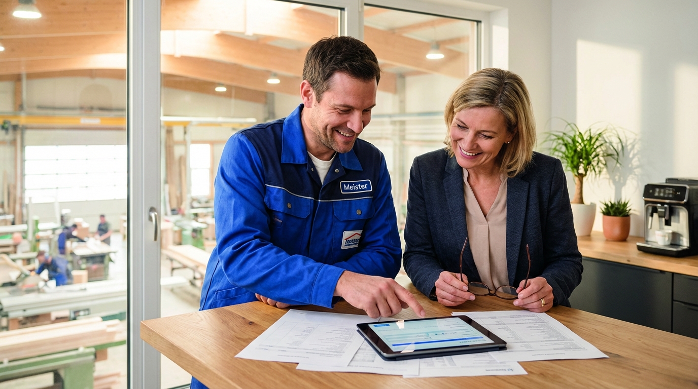 Zwei Verantwortliche im Handwerksbetrieb prüfen Bewerberunterlagen gemeinsam