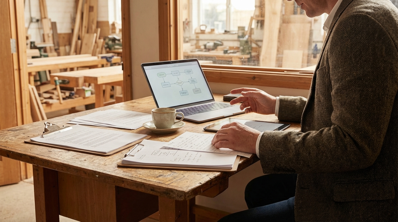 Mitarbeiterin im Handwerksbüro ordnet Laptop, Ausdrucke und Prozessnotizen