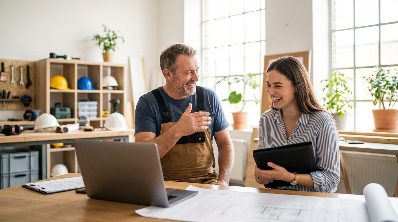 Freundliches Gespräch zwischen Teammitglied eines Handwerksbetriebs und Bewerberin im hellen Büro