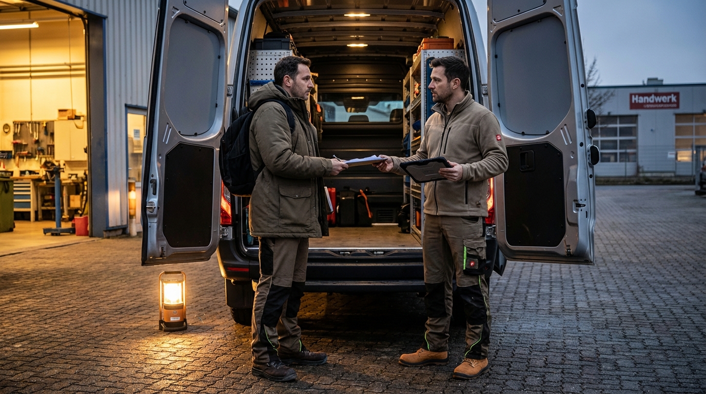 Zwei Handwerker übergeben sich Tablet und Unterlagen am Servicefahrzeug