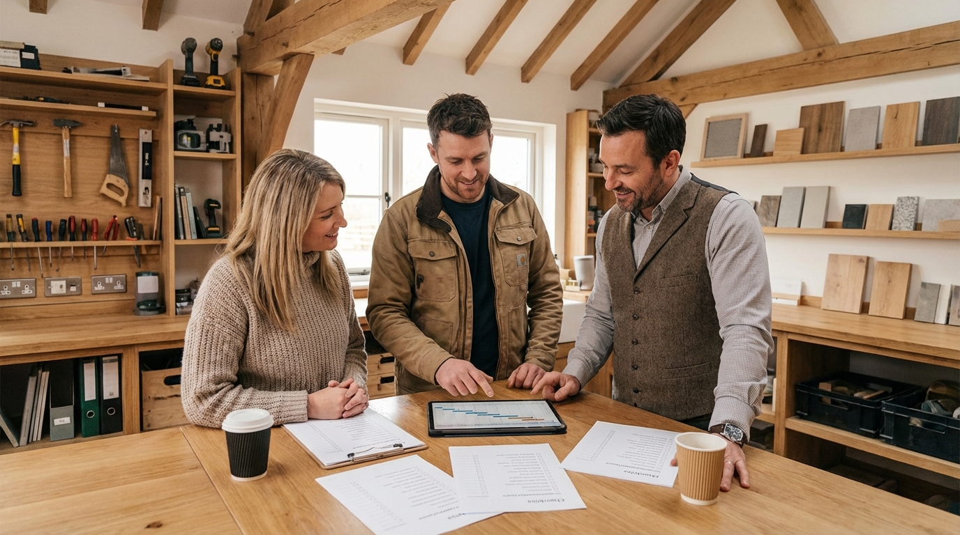 Drei Teammitglieder aus Büro und Baustelle stimmen Freigaben an einem Tisch ab