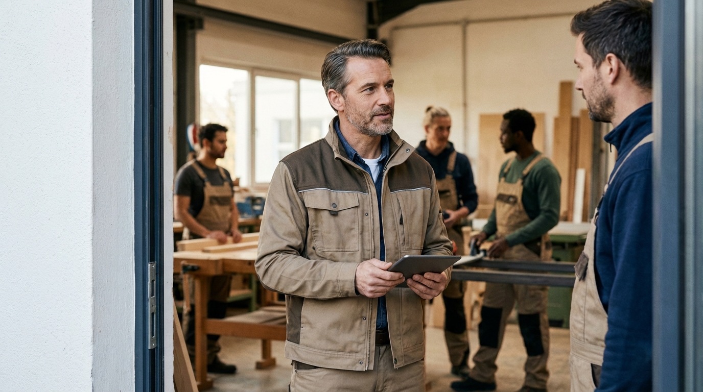 Geschäftsführer beobachtet Teamkoordination im Werkstattbereich und stimmt sich mit Bauleiter ab