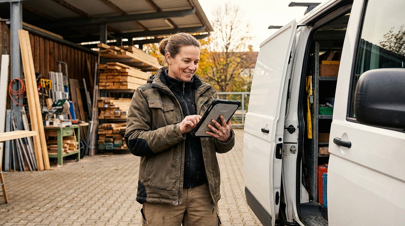 Handwerkerin nutzt ein Tablet am Servicefahrzeug für den laufenden Tagesablauf