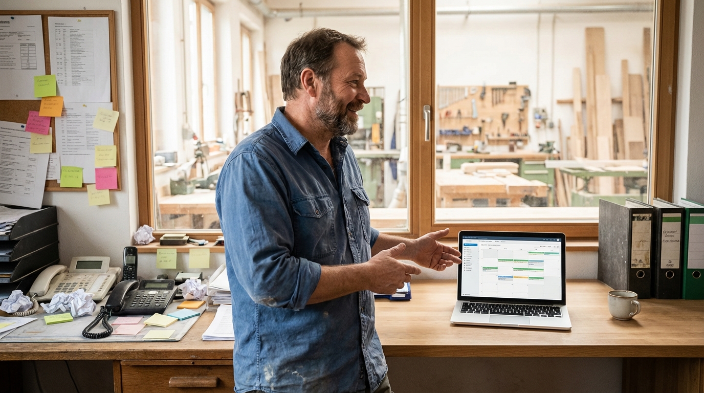 Servicekoordinatorin im Handwerksbetrieb organisiert den Wechsel von Messenger-Chaos zu klaren digitalen Prozessen